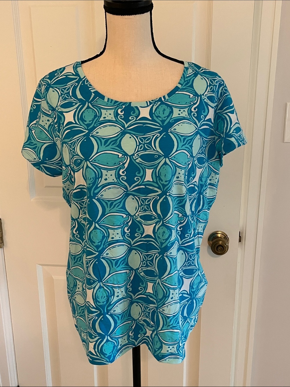 Lilly Pulitzer Blue and Cream Floral-Print Women’s short Sleeved Top- Large